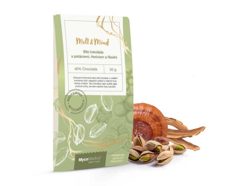 Bílá čokoláda s pistáciemi, Hericiem a Reishi